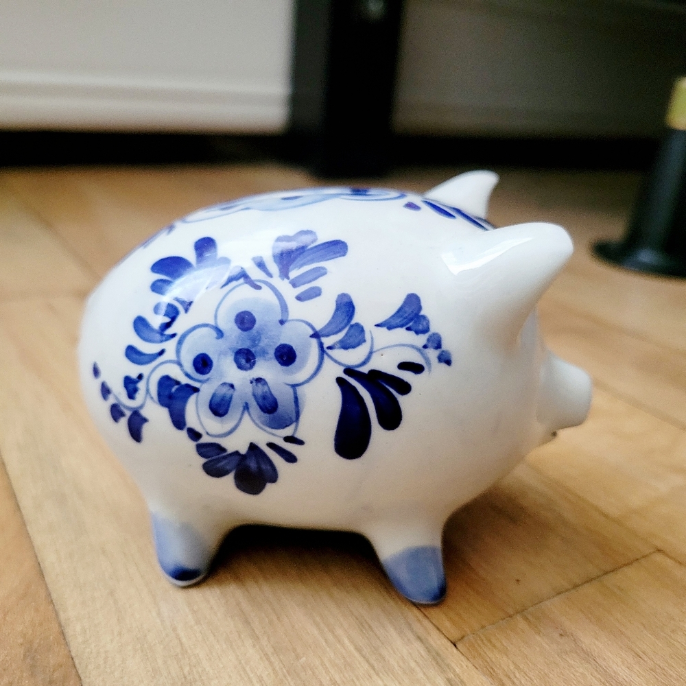 Vintage Handmade Delft Pottery Small Floral & Nautical Ship Dutch Piggy Bank